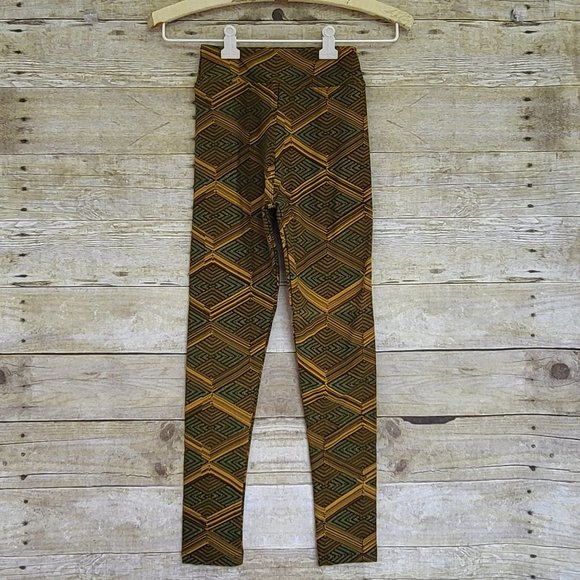 NWT LuLaRoe Tween Leggings - Greens, Gold & Brown Diamond Print - Picture 1 of 4